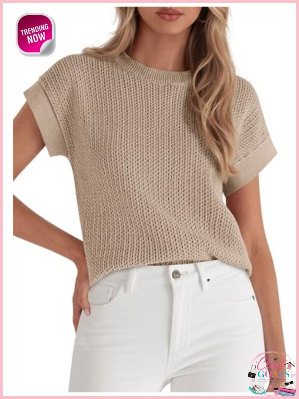 Crochet Knit Sweater Vest Cap Sleeve Crewneck Pullover Top